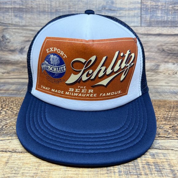 Defunct Schlitz Beer Mens Trucker Hat Navy Snapback Milwaukee Wisconsin Mesh Cap - Picture 3 of 7